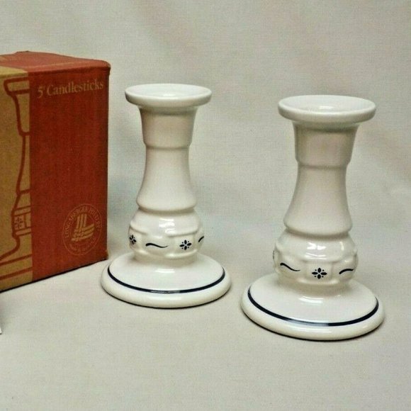 Longaberger Pottery Woven Traditions Classic Blue  5" Candlesticks New in Box - Picture 2 of 8